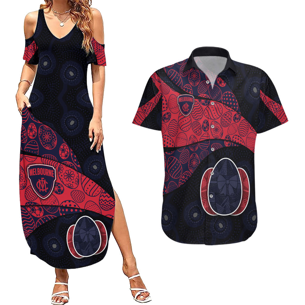 Personalized Melbourne Football Couples Matching Summer Maxi Dress and Hawaiian Shirt Easter Egg Pattern Red Navy Tribal Dot Art Style