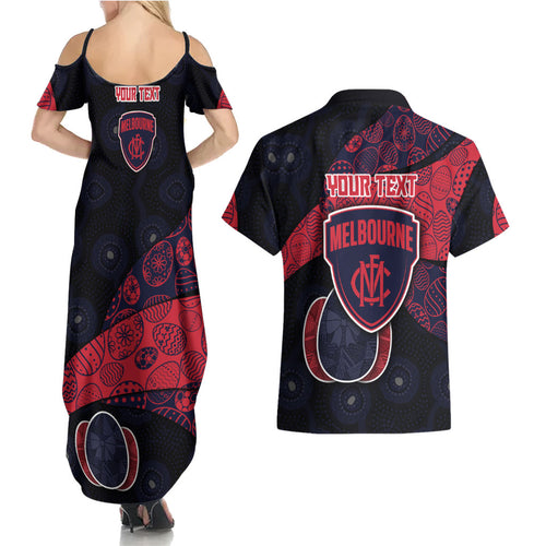 Personalized Melbourne Football Couples Matching Summer Maxi Dress and Hawaiian Shirt Easter Egg Pattern Red Navy Tribal Dot Art Style
