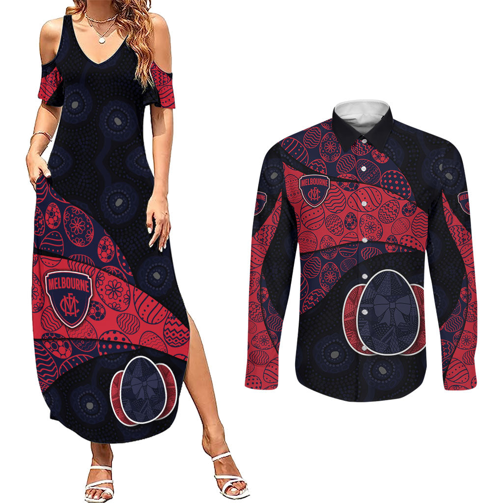 Personalized Melbourne Football Couples Matching Summer Maxi Dress and Long Sleeve Button Shirt Easter Egg Pattern Red Navy Tribal Dot Art Style