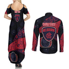Personalized Melbourne Football Couples Matching Summer Maxi Dress and Long Sleeve Button Shirt Easter Egg Pattern Red Navy Tribal Dot Art Style