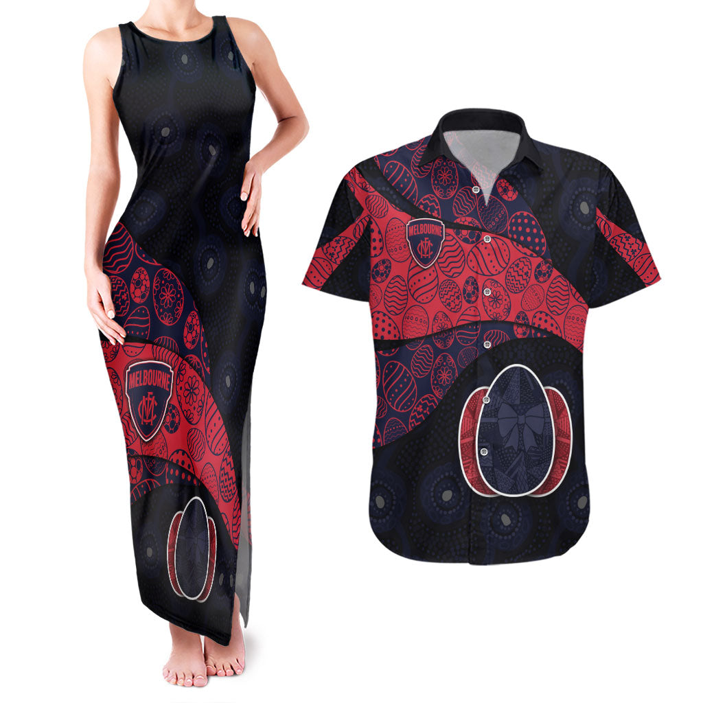 Personalized Melbourne Football Couples Matching Tank Maxi Dress and Hawaiian Shirt Easter Egg Pattern Red Navy Tribal Dot Art Style