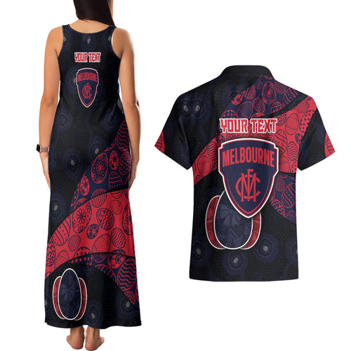 Personalized Melbourne Football Couples Matching Tank Maxi Dress and Hawaiian Shirt Easter Egg Pattern Red Navy Tribal Dot Art Style