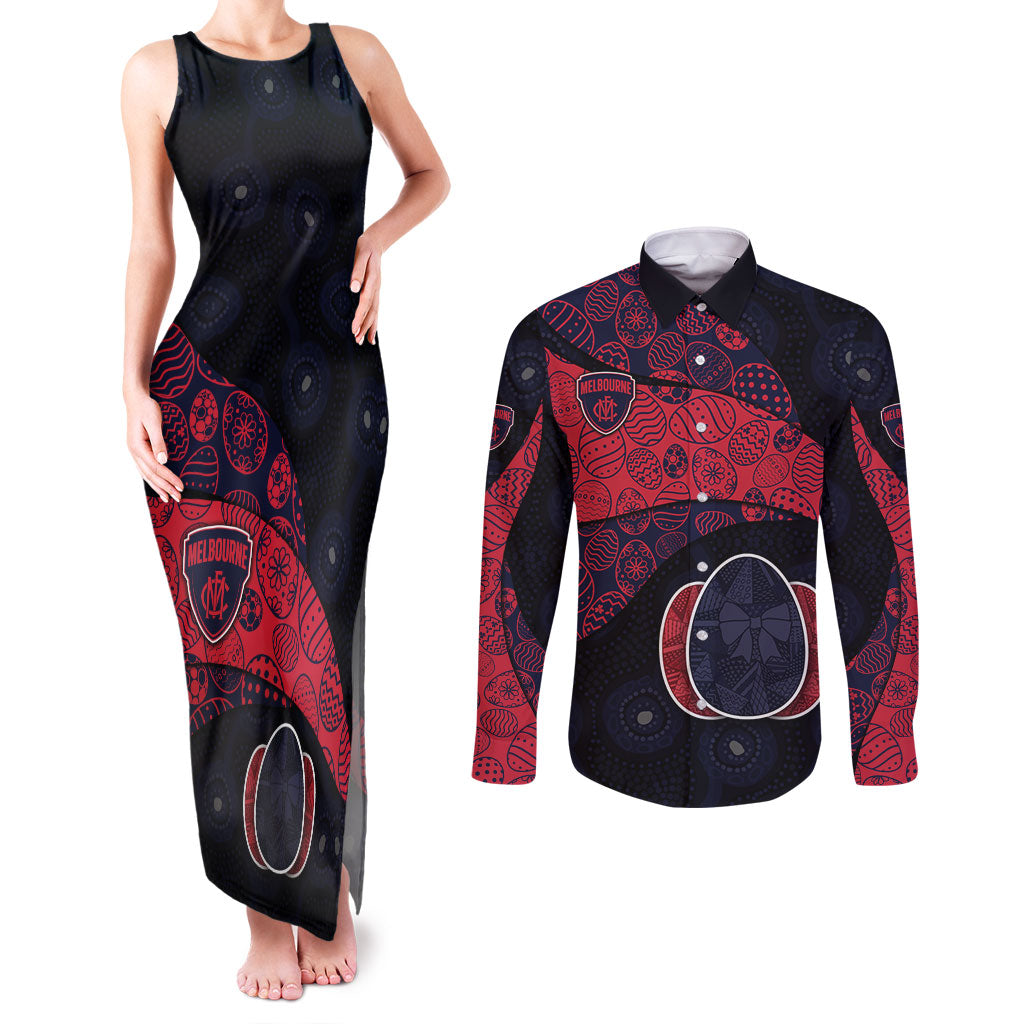 Personalized Melbourne Football Couples Matching Tank Maxi Dress and Long Sleeve Button Shirt Easter Egg Pattern Red Navy Tribal Dot Art Style