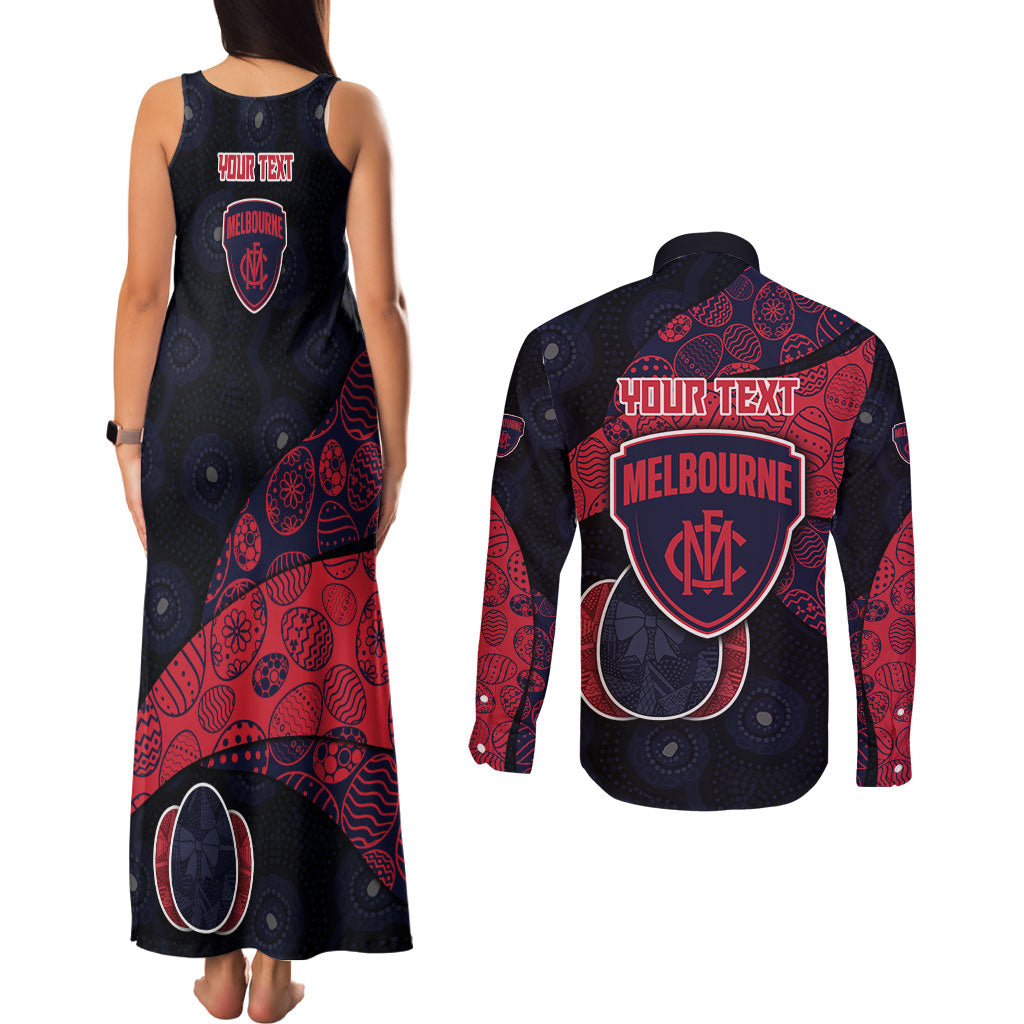 Personalized Melbourne Football Couples Matching Tank Maxi Dress and Long Sleeve Button Shirt Easter Egg Pattern Red Navy Tribal Dot Art Style