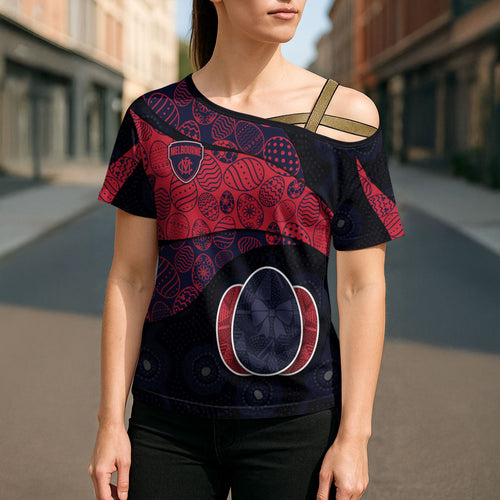 Personalized Melbourne Football Cross Shoulder Shirt Easter Egg Pattern Red Navy Tribal Dot Art Style