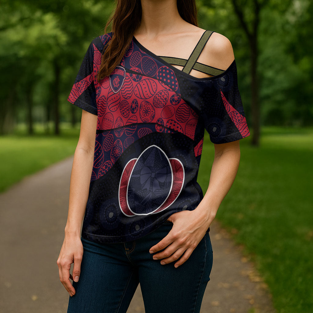 Personalized Melbourne Football Cross Shoulder Shirt Easter Egg Pattern Red Navy Tribal Dot Art Style