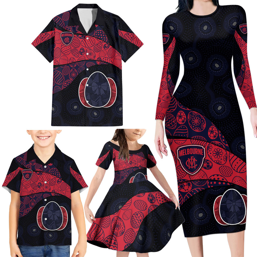 Personalized Melbourne Football Family Matching Long Sleeve Bodycon Dress and Hawaiian Shirt Easter Egg Pattern Red Navy Tribal Dot Art Style