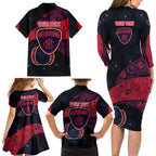 Personalized Melbourne Football Family Matching Long Sleeve Bodycon Dress and Hawaiian Shirt Easter Egg Pattern Red Navy Tribal Dot Art Style