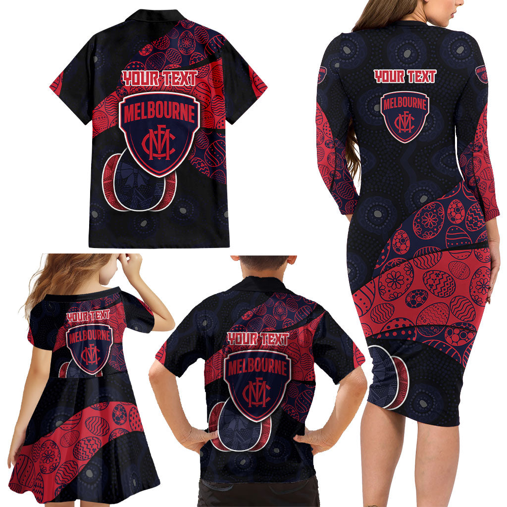 Personalized Melbourne Football Family Matching Long Sleeve Bodycon Dress and Hawaiian Shirt Easter Egg Pattern Red Navy Tribal Dot Art Style