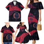 Personalized Melbourne Football Family Matching Mermaid Dress and Hawaiian Shirt Easter Egg Pattern Red Navy Tribal Dot Art Style