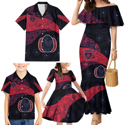 Personalized Melbourne Football Family Matching Mermaid Dress and Hawaiian Shirt Easter Egg Pattern Red Navy Tribal Dot Art Style
