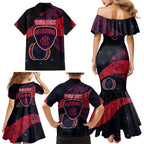 Personalized Melbourne Football Family Matching Mermaid Dress and Hawaiian Shirt Easter Egg Pattern Red Navy Tribal Dot Art Style