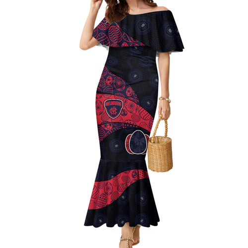 Personalized Melbourne Football Family Matching Mermaid Dress and Hawaiian Shirt Easter Egg Pattern Red Navy Tribal Dot Art Style