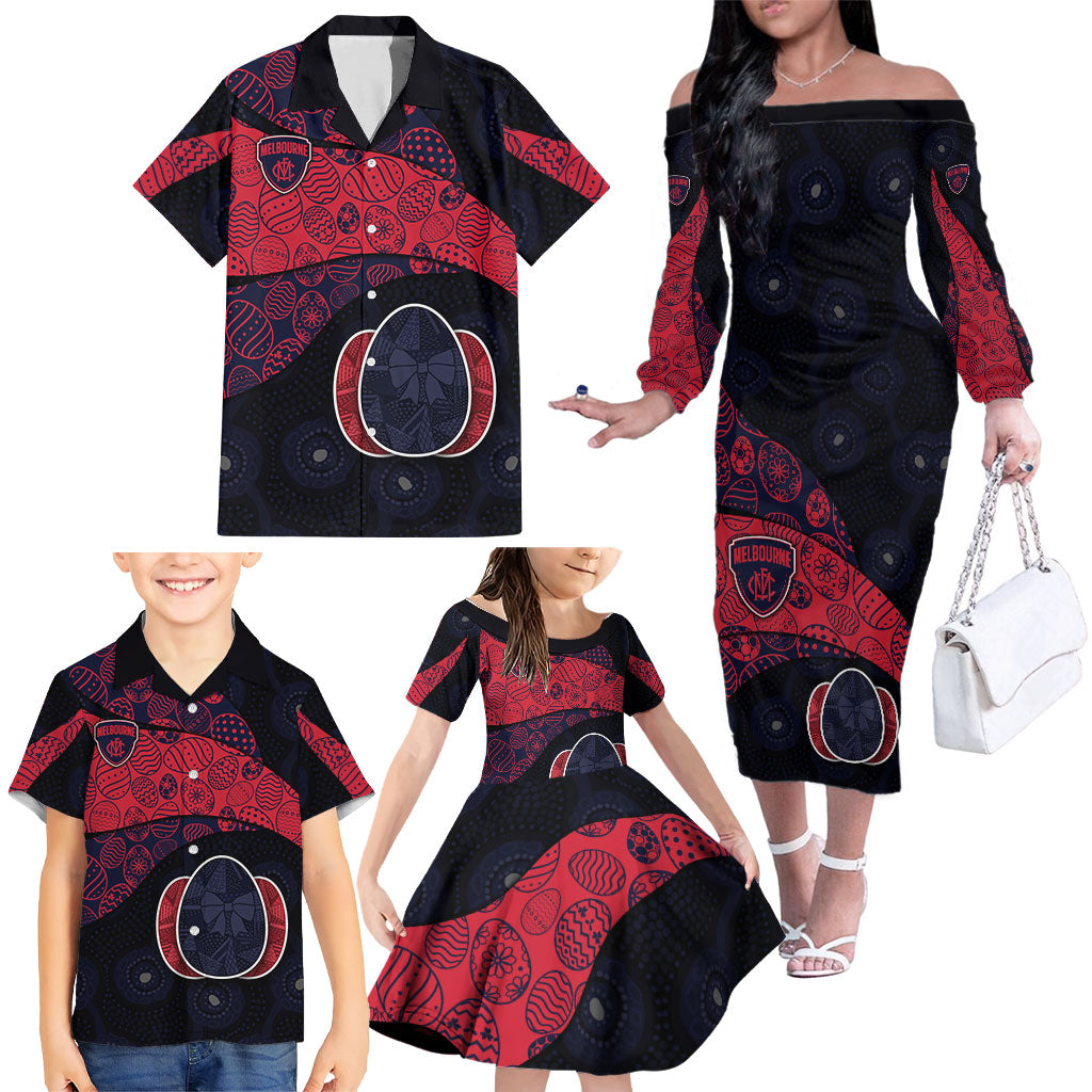 Personalized Melbourne Football Family Matching Off The Shoulder Long Sleeve Dress and Hawaiian Shirt Easter Egg Pattern Red Navy Tribal Dot Art Style