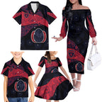 Personalized Melbourne Football Family Matching Off The Shoulder Long Sleeve Dress and Hawaiian Shirt Easter Egg Pattern Red Navy Tribal Dot Art Style