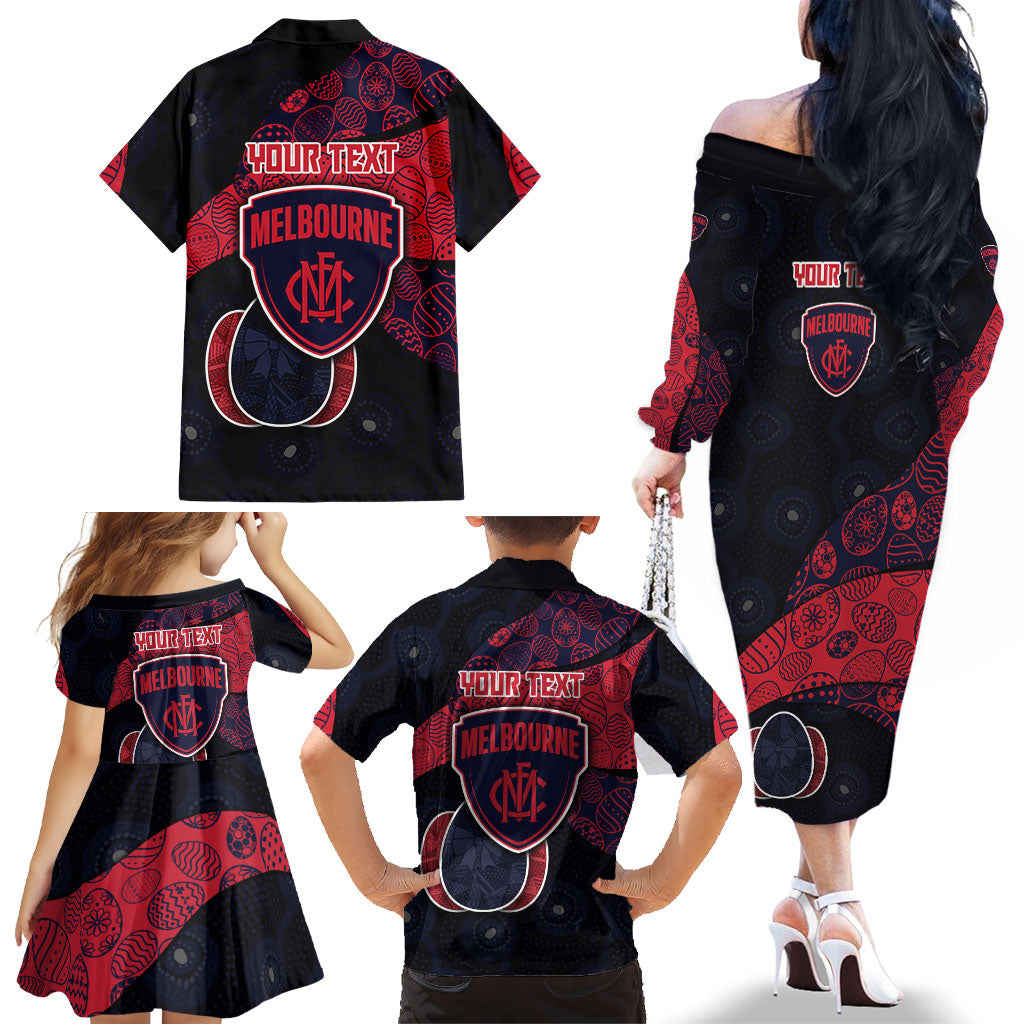 Personalized Melbourne Football Family Matching Off The Shoulder Long Sleeve Dress and Hawaiian Shirt Easter Egg Pattern Red Navy Tribal Dot Art Style