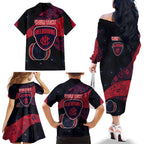 Personalized Melbourne Football Family Matching Off The Shoulder Long Sleeve Dress and Hawaiian Shirt Easter Egg Pattern Red Navy Tribal Dot Art Style
