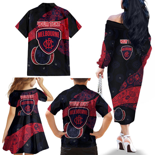 Personalized Melbourne Football Family Matching Off The Shoulder Long Sleeve Dress and Hawaiian Shirt Easter Egg Pattern Red Navy Tribal Dot Art Style
