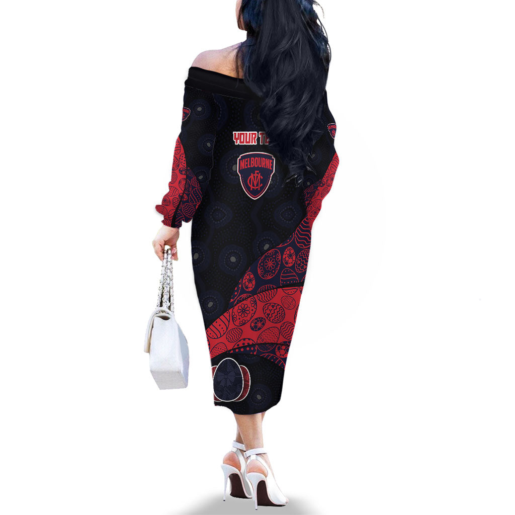 Personalized Melbourne Football Family Matching Off The Shoulder Long Sleeve Dress and Hawaiian Shirt Easter Egg Pattern Red Navy Tribal Dot Art Style