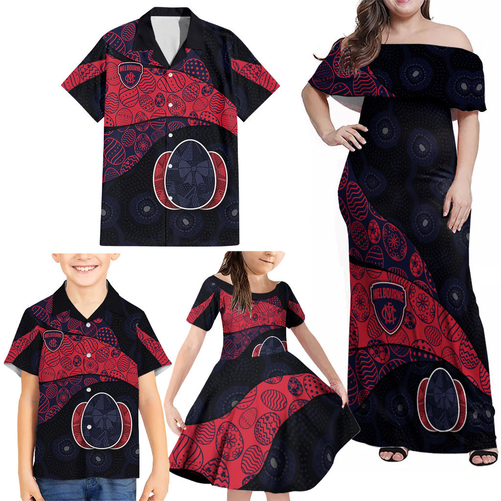 Personalized Melbourne Football Family Matching Off Shoulder Maxi Dress and Hawaiian Shirt Easter Egg Pattern Red Navy Tribal Dot Art Style
