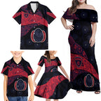 Personalized Melbourne Football Family Matching Off Shoulder Maxi Dress and Hawaiian Shirt Easter Egg Pattern Red Navy Tribal Dot Art Style