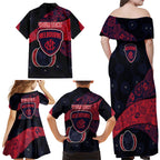 Personalized Melbourne Football Family Matching Off Shoulder Maxi Dress and Hawaiian Shirt Easter Egg Pattern Red Navy Tribal Dot Art Style