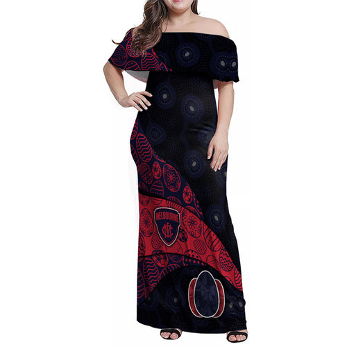 Personalized Melbourne Football Family Matching Off Shoulder Maxi Dress and Hawaiian Shirt Easter Egg Pattern Red Navy Tribal Dot Art Style