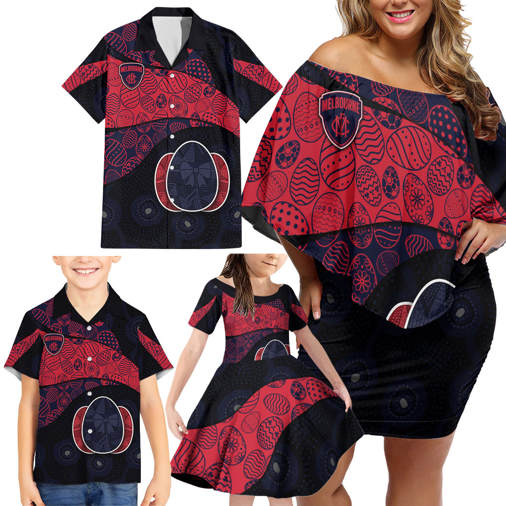 Personalized Melbourne Football Family Matching Off Shoulder Short Dress and Hawaiian Shirt Easter Egg Pattern Red Navy Tribal Dot Art Style