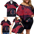 Personalized Melbourne Football Family Matching Off Shoulder Short Dress and Hawaiian Shirt Easter Egg Pattern Red Navy Tribal Dot Art Style