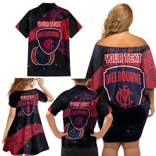 Personalized Melbourne Football Family Matching Off Shoulder Short Dress and Hawaiian Shirt Easter Egg Pattern Red Navy Tribal Dot Art Style