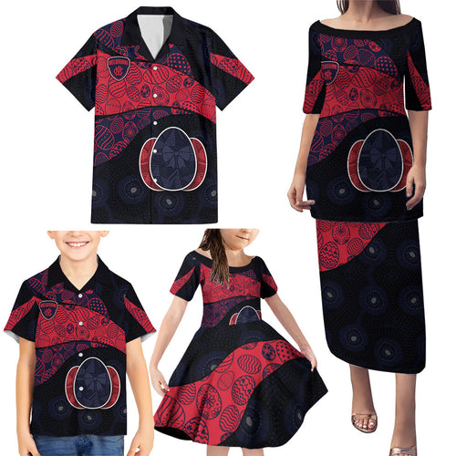 Personalized Melbourne Football Family Matching Puletasi and Hawaiian Shirt Easter Egg Pattern Red Navy Tribal Dot Art Style