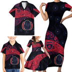 Personalized Melbourne Football Family Matching Short Sleeve Bodycon Dress and Hawaiian Shirt Easter Egg Pattern Red Navy Tribal Dot Art Style