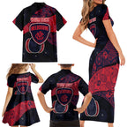 Personalized Melbourne Football Family Matching Short Sleeve Bodycon Dress and Hawaiian Shirt Easter Egg Pattern Red Navy Tribal Dot Art Style