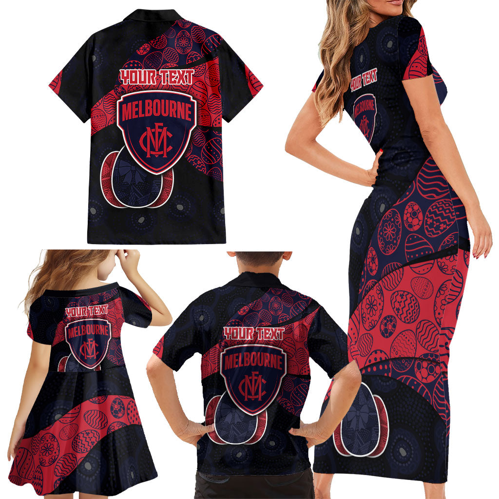 Personalized Melbourne Football Family Matching Short Sleeve Bodycon Dress and Hawaiian Shirt Easter Egg Pattern Red Navy Tribal Dot Art Style