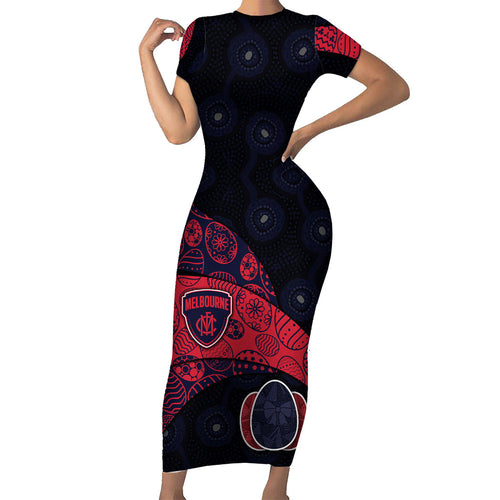 Personalized Melbourne Football Family Matching Short Sleeve Bodycon Dress and Hawaiian Shirt Easter Egg Pattern Red Navy Tribal Dot Art Style