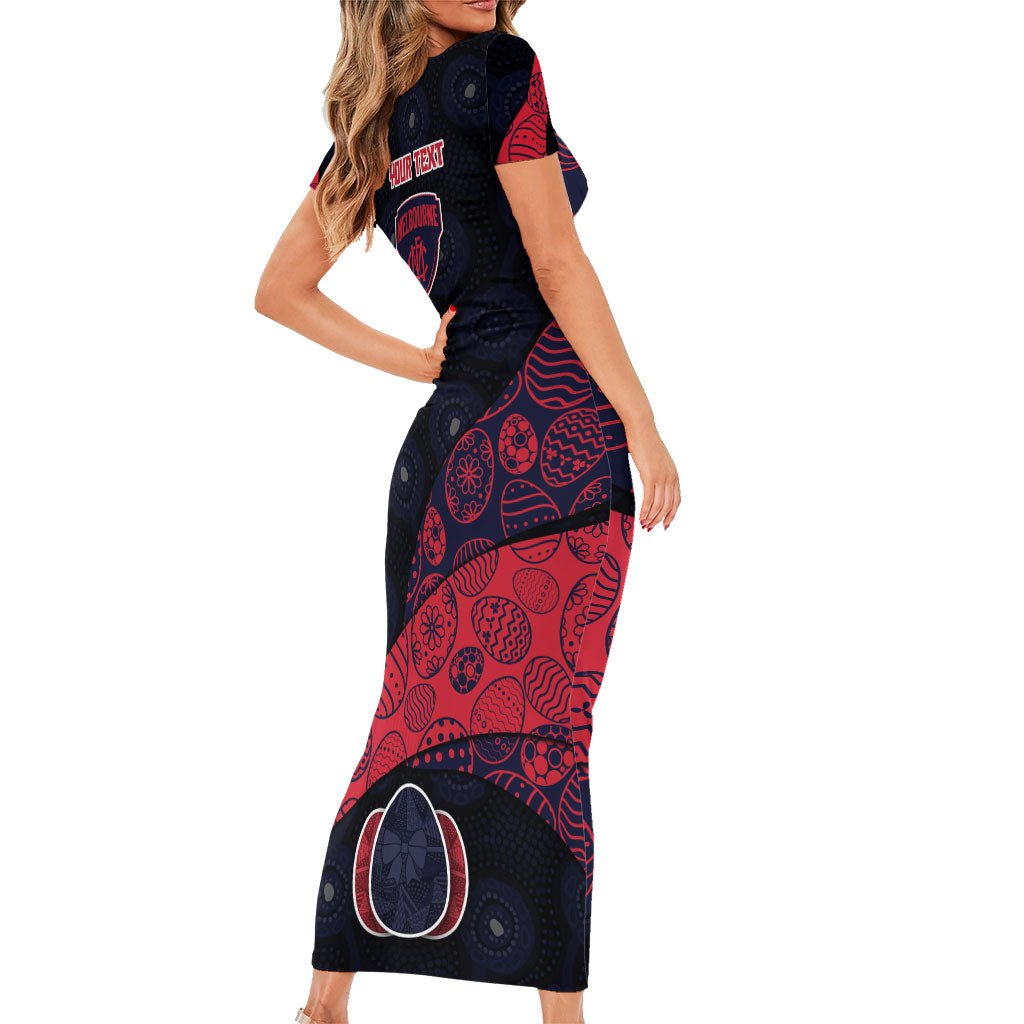 Personalized Melbourne Football Family Matching Short Sleeve Bodycon Dress and Hawaiian Shirt Easter Egg Pattern Red Navy Tribal Dot Art Style