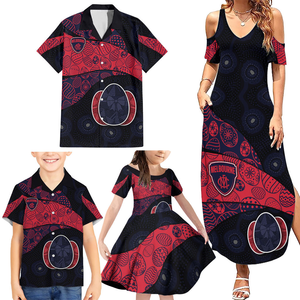 Personalized Melbourne Football Family Matching Summer Maxi Dress and Hawaiian Shirt Easter Egg Pattern Red Navy Tribal Dot Art Style