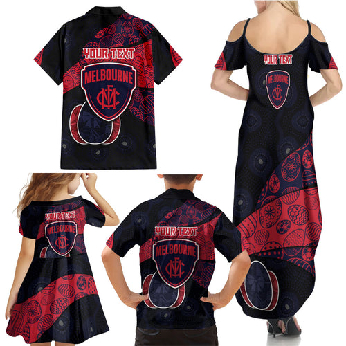 Personalized Melbourne Football Family Matching Summer Maxi Dress and Hawaiian Shirt Easter Egg Pattern Red Navy Tribal Dot Art Style