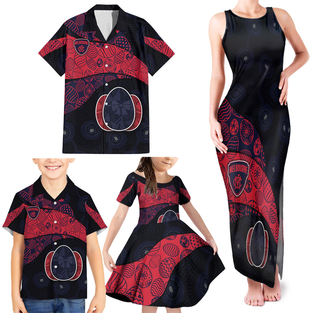 Personalized Melbourne Football Family Matching Tank Maxi Dress and Hawaiian Shirt Easter Egg Pattern Red Navy Tribal Dot Art Style