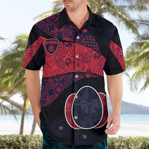 Personalized Melbourne Football Hawaiian Shirt Easter Egg Pattern Red Navy Tribal Dot Art Style