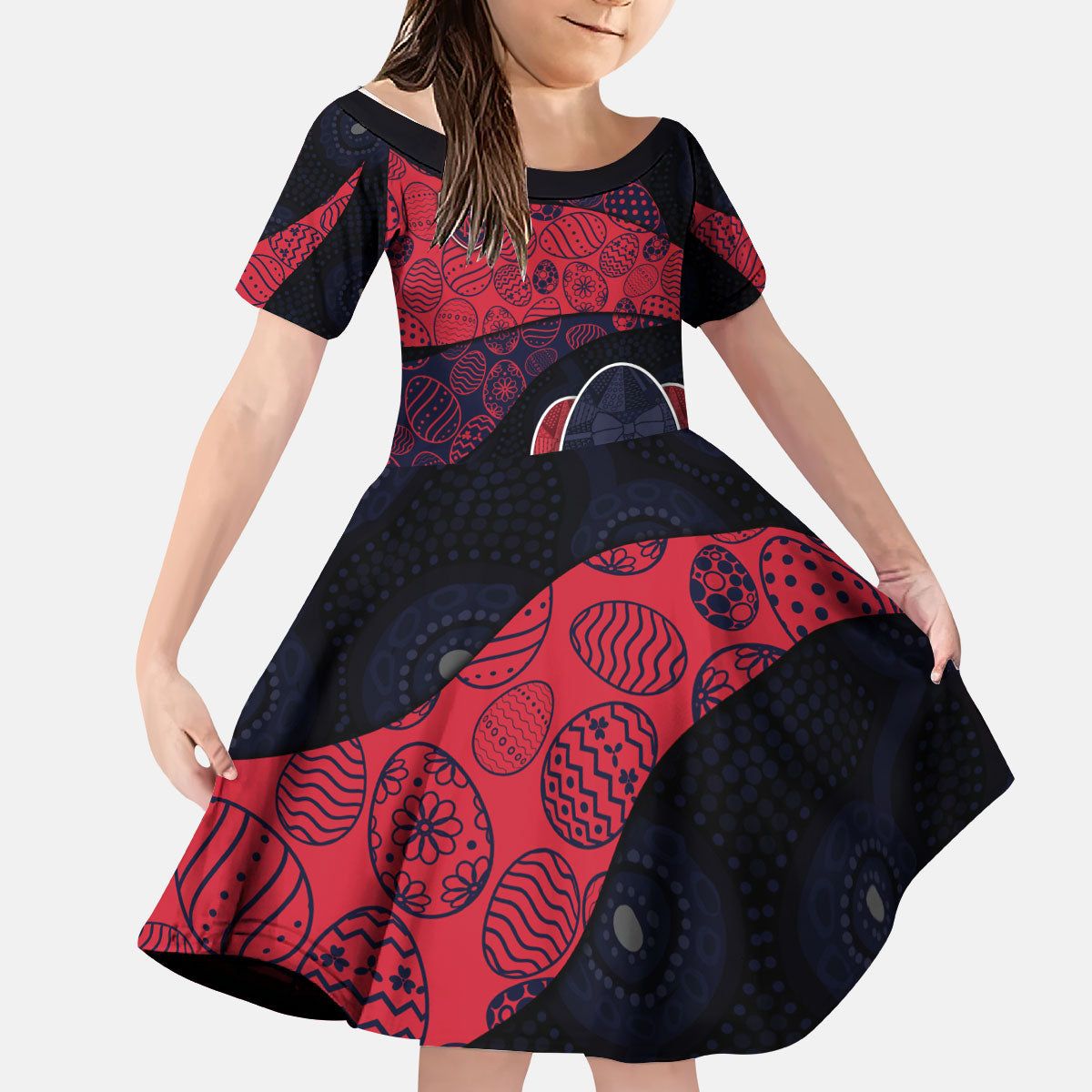 Personalized Melbourne Football Kid Short Sleeve Dress Easter Egg Pattern Red Navy Tribal Dot Art Style