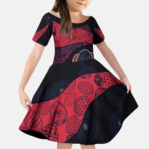 Personalized Melbourne Football Kid Short Sleeve Dress Easter Egg Pattern Red Navy Tribal Dot Art Style