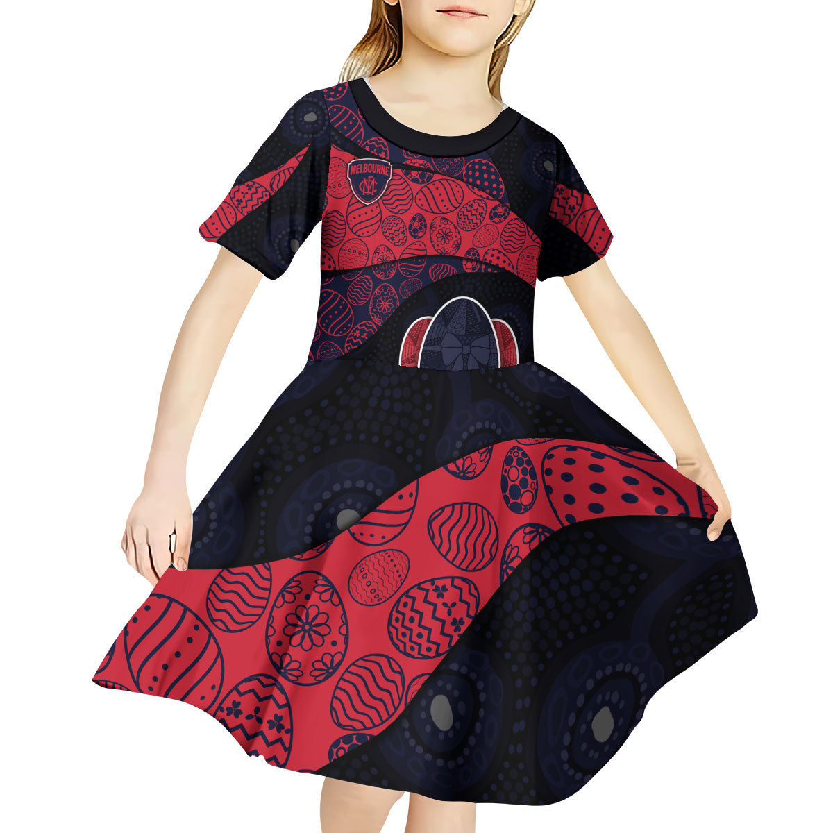 Personalized Melbourne Football Kid Short Sleeve Dress Easter Egg Pattern Red Navy Tribal Dot Art Style