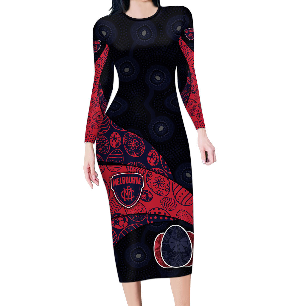 Personalized Melbourne Football Long Sleeve Bodycon Dress Easter Egg Pattern Red Navy Tribal Dot Art Style