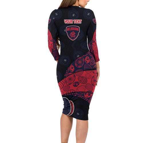 Personalized Melbourne Football Long Sleeve Bodycon Dress Easter Egg Pattern Red Navy Tribal Dot Art Style