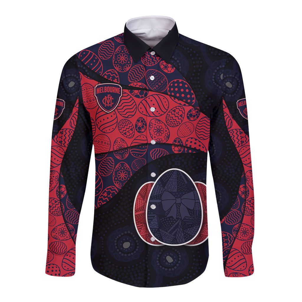 Personalized Melbourne Football Long Sleeve Button Shirt Easter Egg Pattern Red Navy Tribal Dot Art Style