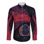 Personalized Melbourne Football Long Sleeve Button Shirt Easter Egg Pattern Red Navy Tribal Dot Art Style