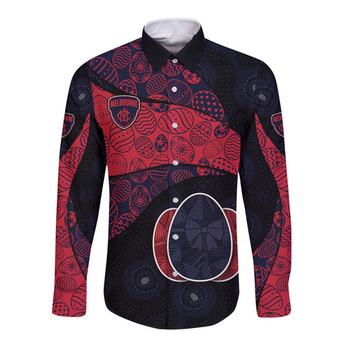 Personalized Melbourne Football Long Sleeve Button Shirt Easter Egg Pattern Red Navy Tribal Dot Art Style