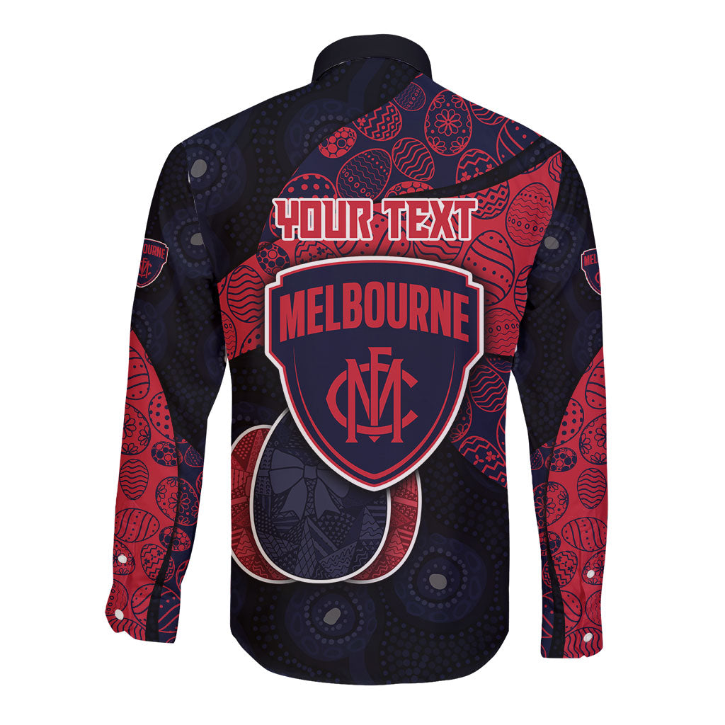 Personalized Melbourne Football Long Sleeve Button Shirt Easter Egg Pattern Red Navy Tribal Dot Art Style