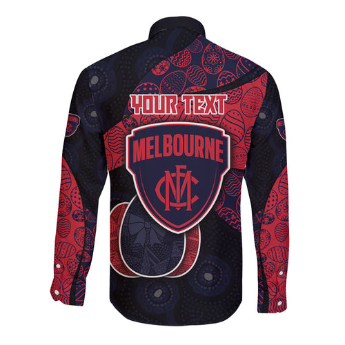 Personalized Melbourne Football Long Sleeve Button Shirt Easter Egg Pattern Red Navy Tribal Dot Art Style